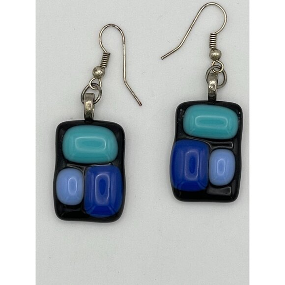 Fused Glass Dangle Earrings Blues Black Rectangles 2" Pierced - Picture 5 of 9